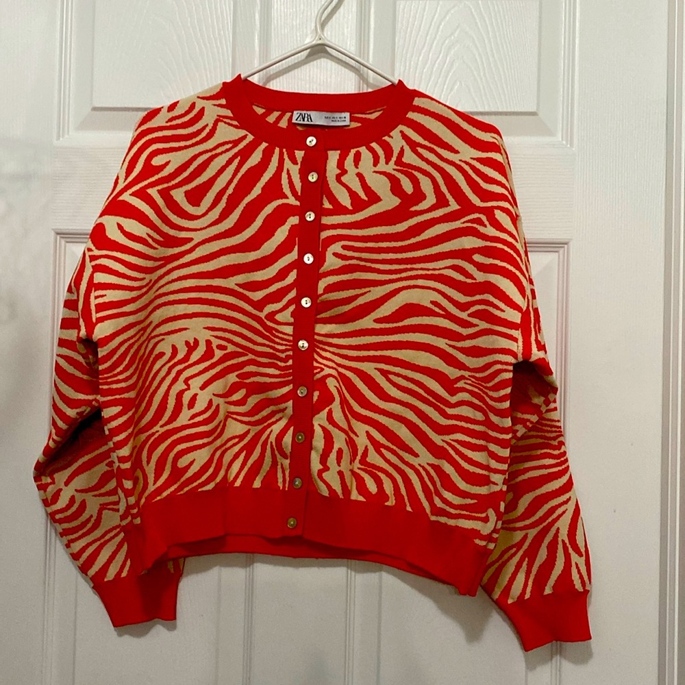 Zara Women’s Orange Zebra Cardigan Sweater Small Button Down Jacket